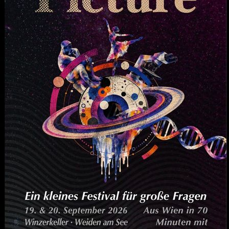 Plakat für ein Wissenschaftsfestival mit einer bunten Illustration eines Planeten, eines Mikroskops und einer DNA-Struktur. Der Text lautet 'Ein kleines Festival für große Fragen' und gibt Termine und Orte an.