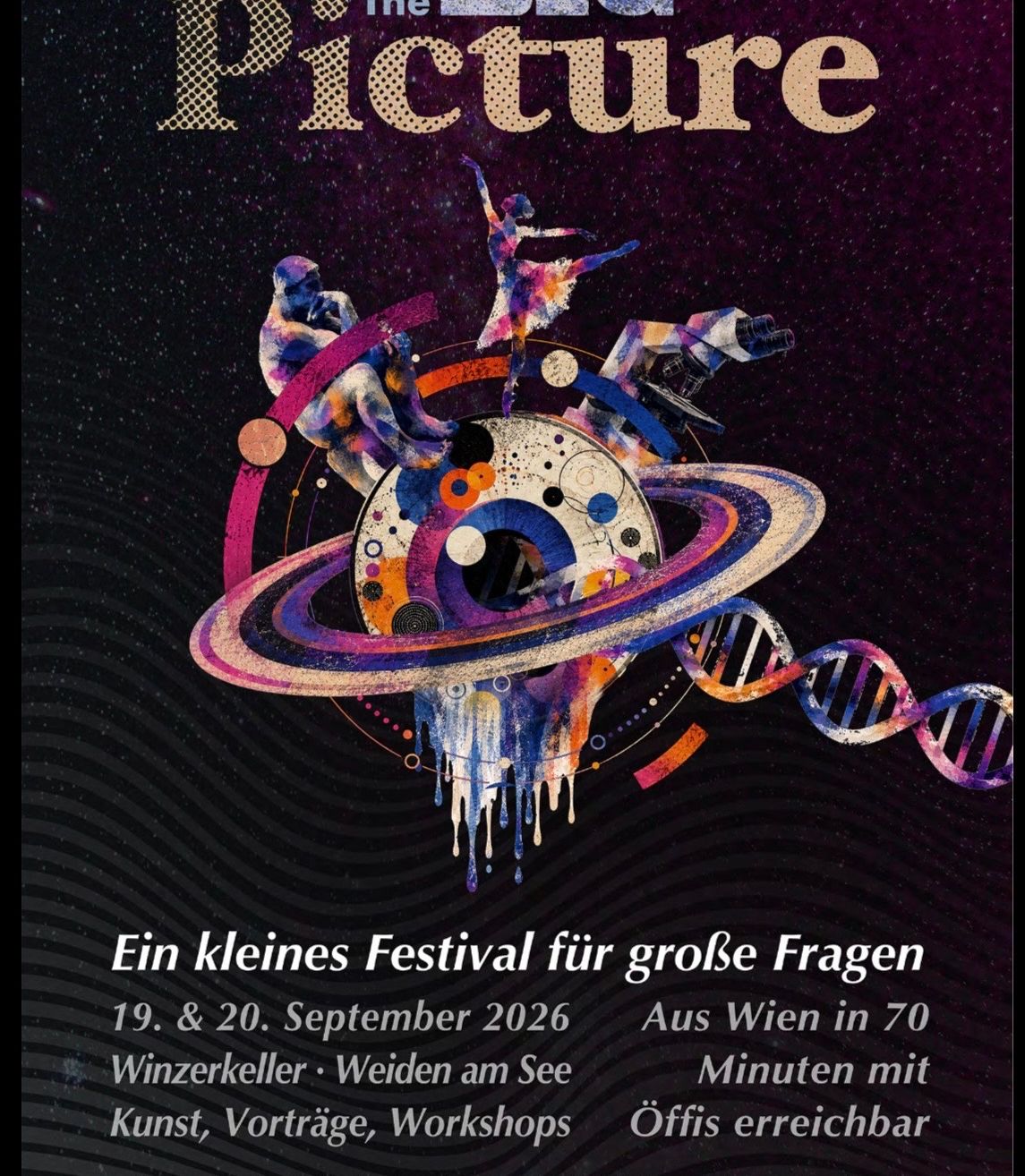 Plakat für ein Wissenschaftsfestival mit einer bunten Illustration eines Planeten, eines Mikroskops und einer DNA-Struktur. Der Text lautet 'Ein kleines Festival für große Fragen' und gibt Termine und Orte an.