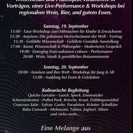 Ein Plakat, das ein Wochenende mit Vorträgen, Live-Performances und Workshops ankündigt, mit regionalem Wein, Bier und Essen. Geplante Veranstaltungen umfassen einen Tanzworkshop, einen Vortrag über Ameisen und eine geführte Gemäldeausstellung.