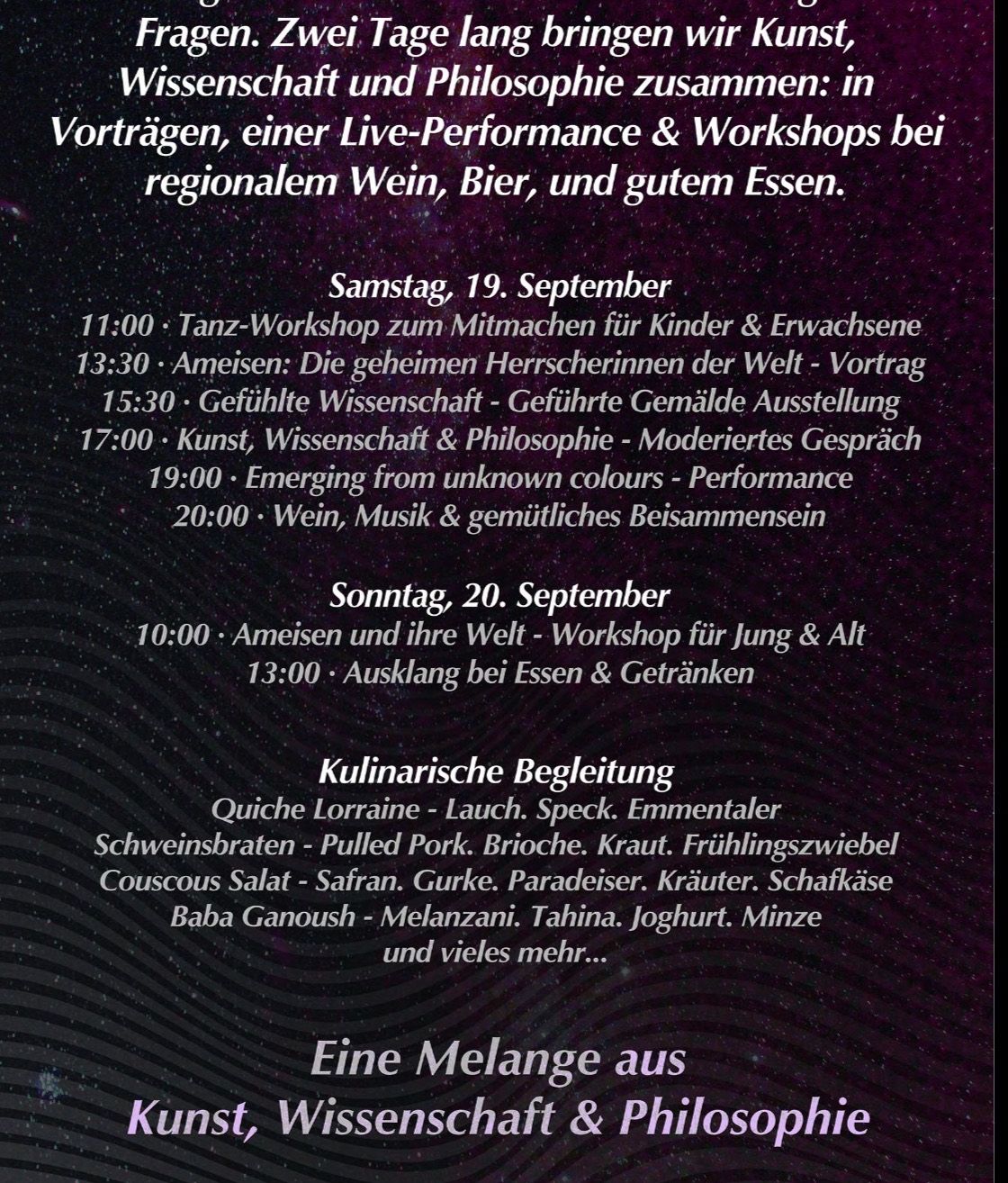 Ein Plakat, das ein Wochenende mit Vorträgen, Live-Performances und Workshops ankündigt, mit regionalem Wein, Bier und Essen. Geplante Veranstaltungen umfassen einen Tanzworkshop, einen Vortrag über Ameisen und eine geführte Gemäldeausstellung.