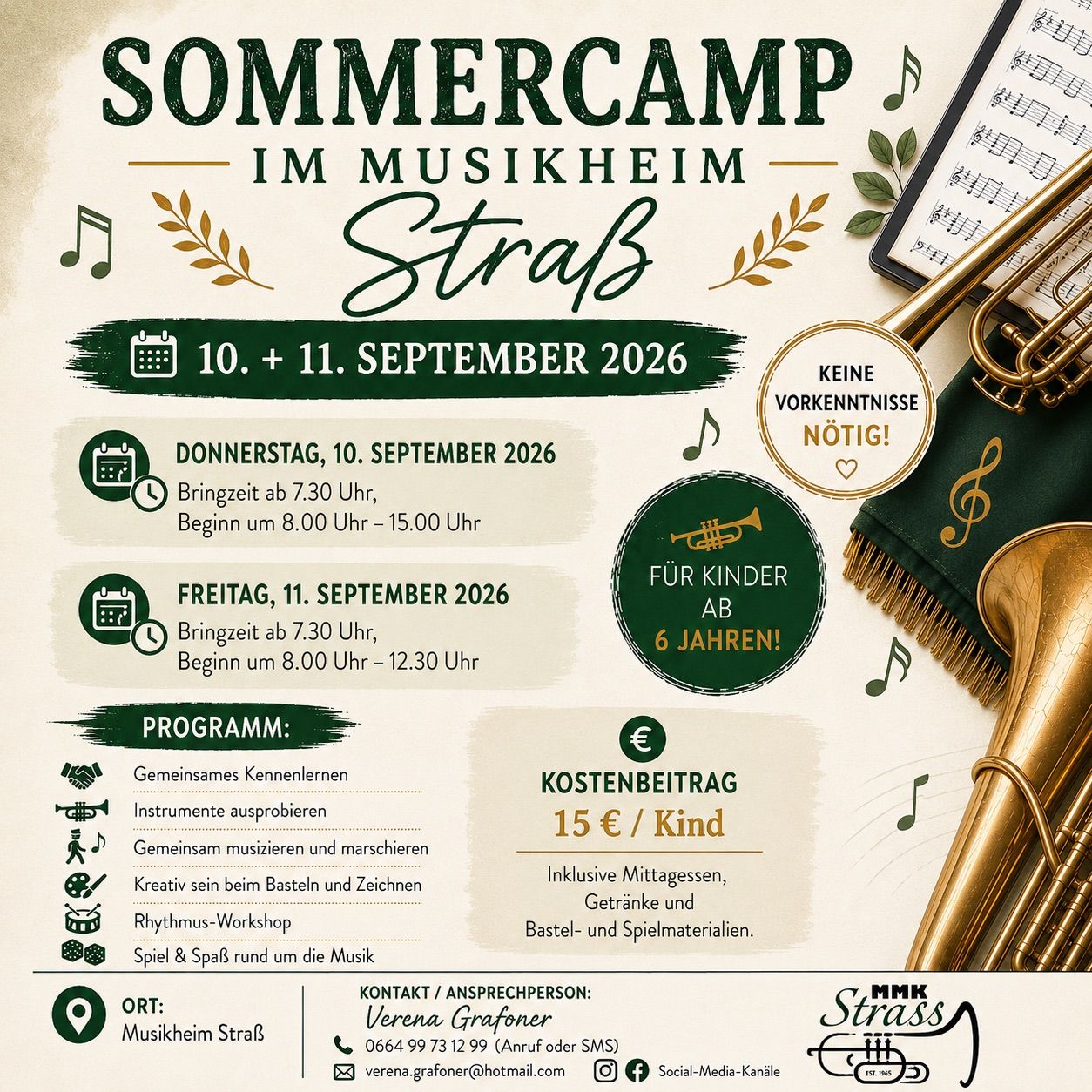 Plakat für ein Musikcamp für Kinder, betitelt 'Sommercamp im Musikheim StraB'. Es enthält Details zu Terminen, Zeiten und Aktivitäten. Musikinstrumente und Noten sind abgebildet. Das Camp ist für Kinder ab 6 Jahren gedacht.