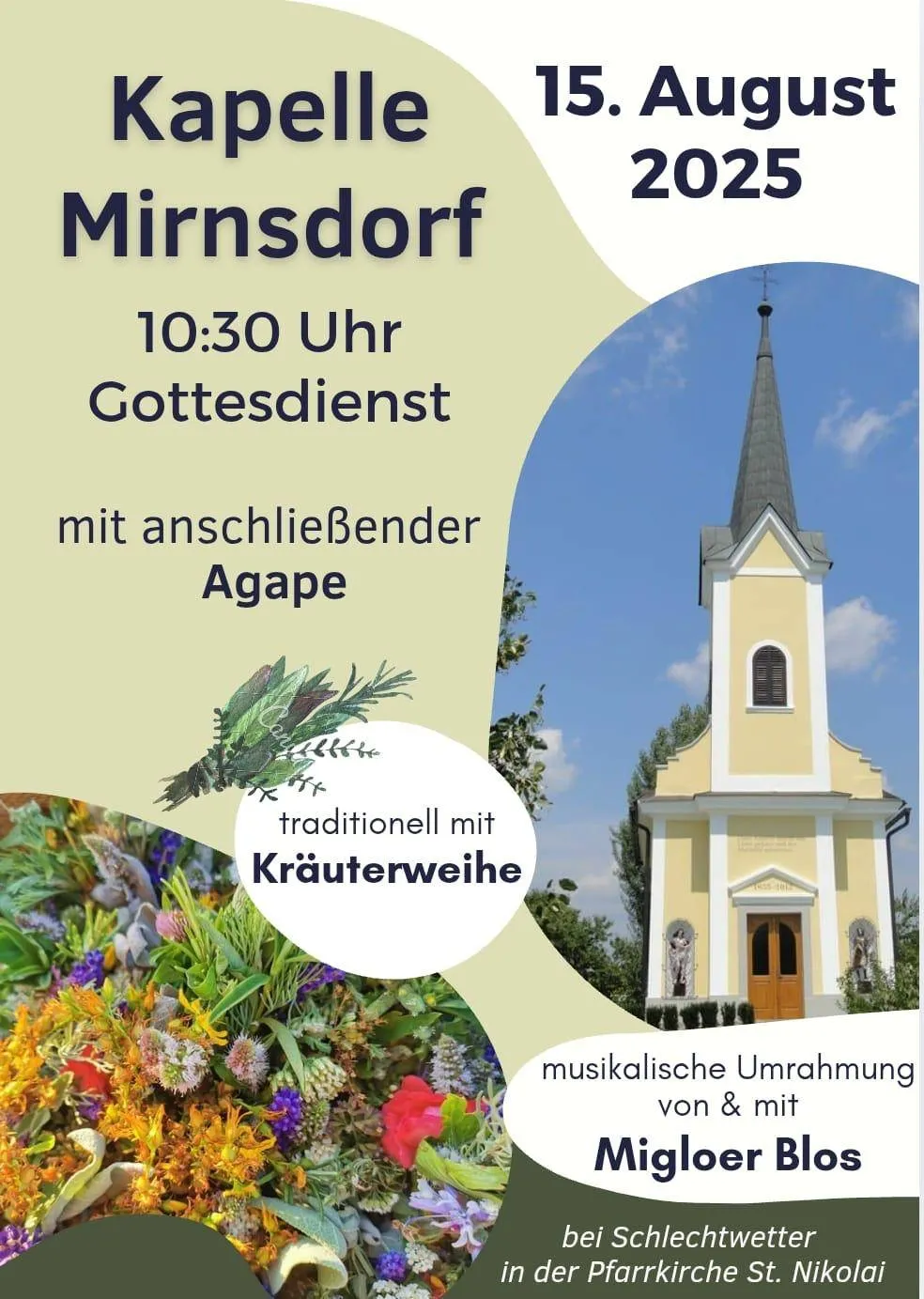 Plakat für einen Gottesdienst in Mirnsdort um 10:30 Uhr. Das Plakat zeigt ein Bild einer Kirche mit Turm, einer Statue an der Wand und Blumen und Pflanzen im Vordergrund.
