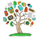 Ein Baum mit verschiedenen Schulsachen und Buchstaben darum herum, einschließlich eines Rucksacks, eines Lineals, eines Bleistifts und eines Buches.