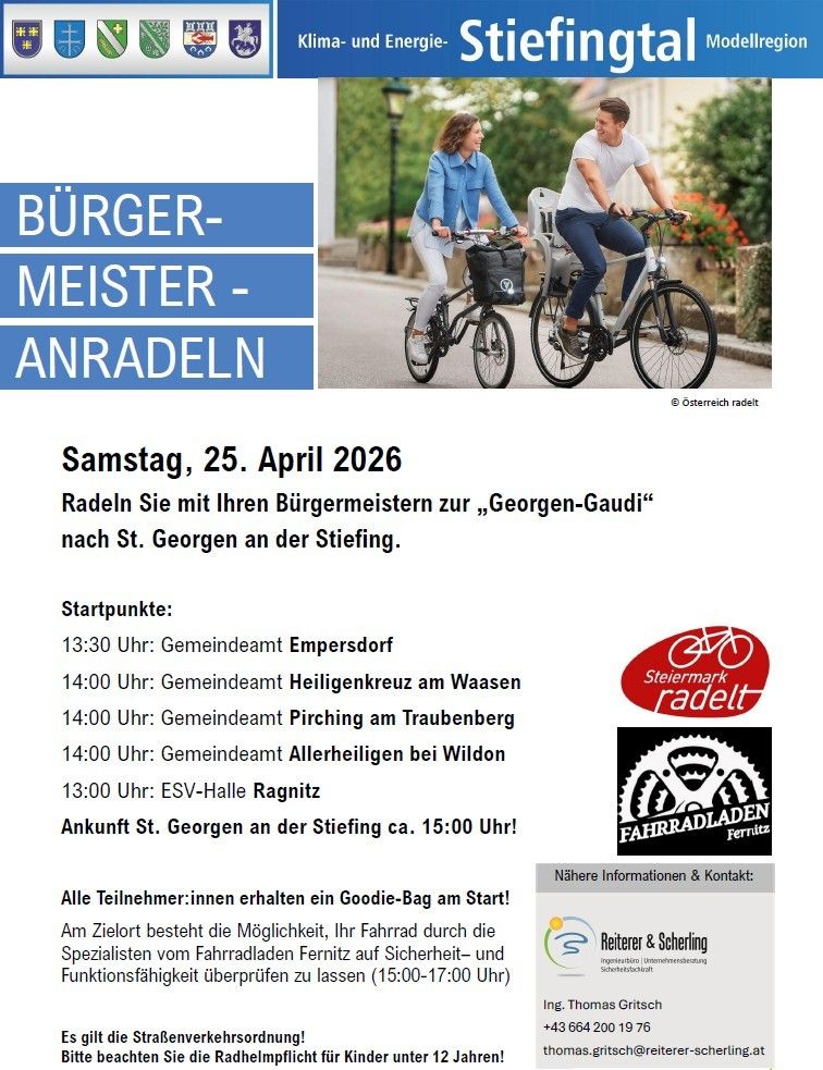 Plakat für eine Fahrradveranstaltung am 25. April 2026 in St. Georgen. Mehrere Startpunkte in verschiedenen Gemeinden. Ankunft in St. Georgen gegen 15:00 Uhr. Alle Teilnehmer erhalten einen Goodie-Bag.