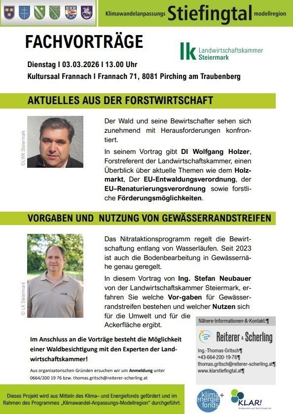 Plakat für forstwirtschaftliche Vorträge am 3. März 2026. Themen sind aktuelle Waldwirtschaftsfragen und Richtlinien für Gewässerschutz. Referenten sind DI Wolfgang Holzer und Ing. Stefan Neubauer. Kontaktdaten vorhanden.