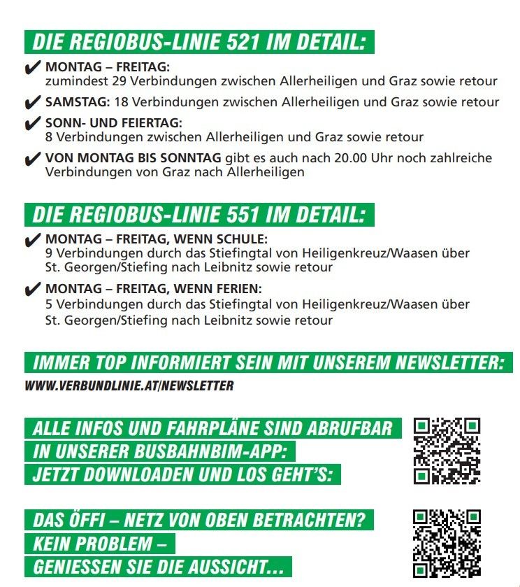 Das Bild zeigt den Fahrplan der Regiobus-Linie 521, mit mindestens 29 Verbindungen zwischen Allerheiligen und Graz, einschließlich Rückfahrten. Samstags gibt es 18 Verbindungen und sonntags und an Feiertagen 8 Verbindungen. Es gibt auch Verbindungen nach 20.00 Uhr.