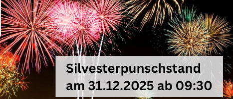 Werbeplakat für das Silvesterfeuerwerk der Volkspartei Lackenbach am 31.12.2025 ab 09:30 mit bunten Feuerwerken am Nachthimmel.