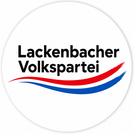Das Logo der Lackenbacher Volkspartei zeigt den Namen in fetten schwarzen Buchstaben und einer welligen blau-roten Linie.