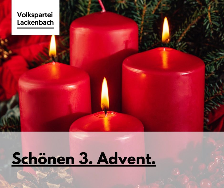 Vier rote Kerzen sind entzündet und bilden einen Kreis, mit Tannennadeln und roten Beeren im Hintergrund. Der Text 'Schönen 3. Advent' steht in großen schwarzen Buchstaben.