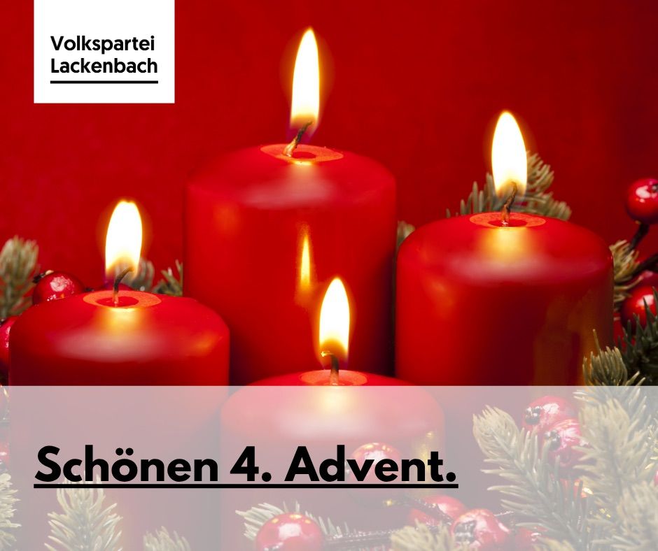 Ein roter Hintergrund mit vier brennenden roten Kerzen, jede mit einem weißen Docht, in einem Quadrat angeordnet. Darunter stehen die Worte 'Schönen 4. Advent' in Schwarz geschrieben.