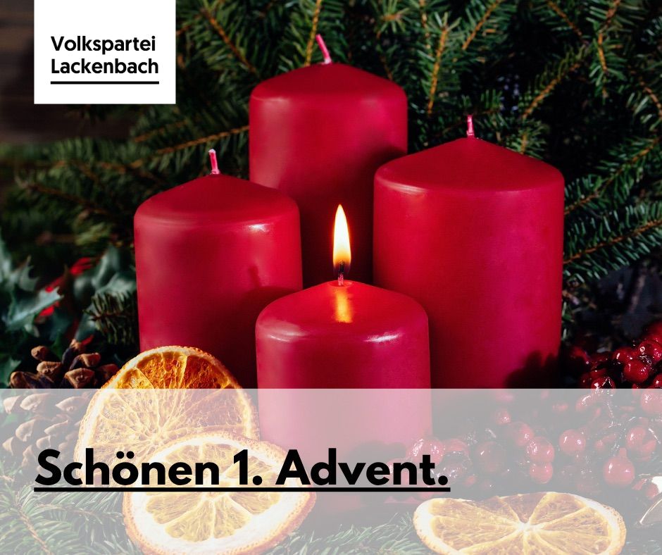A close-up of four red candles, one lit, placed on a pine branch background with 'Schoenen 1. Advent' text.