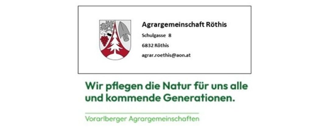 Visitenkarte für Agrargemeinschaft Rothis mit Logo, Adresse und E-Mail. Darunter ein Slogan 'Wir pflegen die Natur für uns alle und kommende Generationen' und der Name der Organisation.