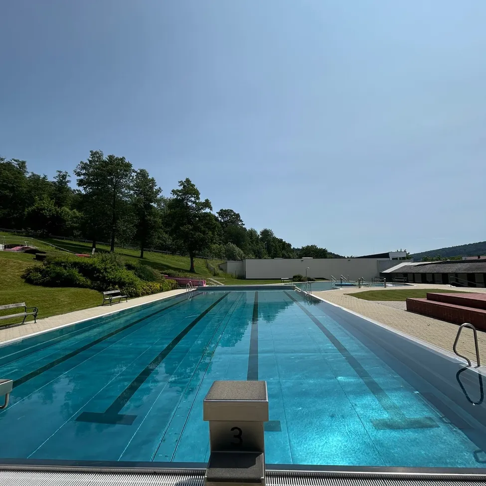 Ein Freibad mit klarem blauem Wasser und schwarzen Bahnlinien. Bäume und Grünflächen umgeben das Becken, mit Bänken und einer weißen Wand im Hintergrund.