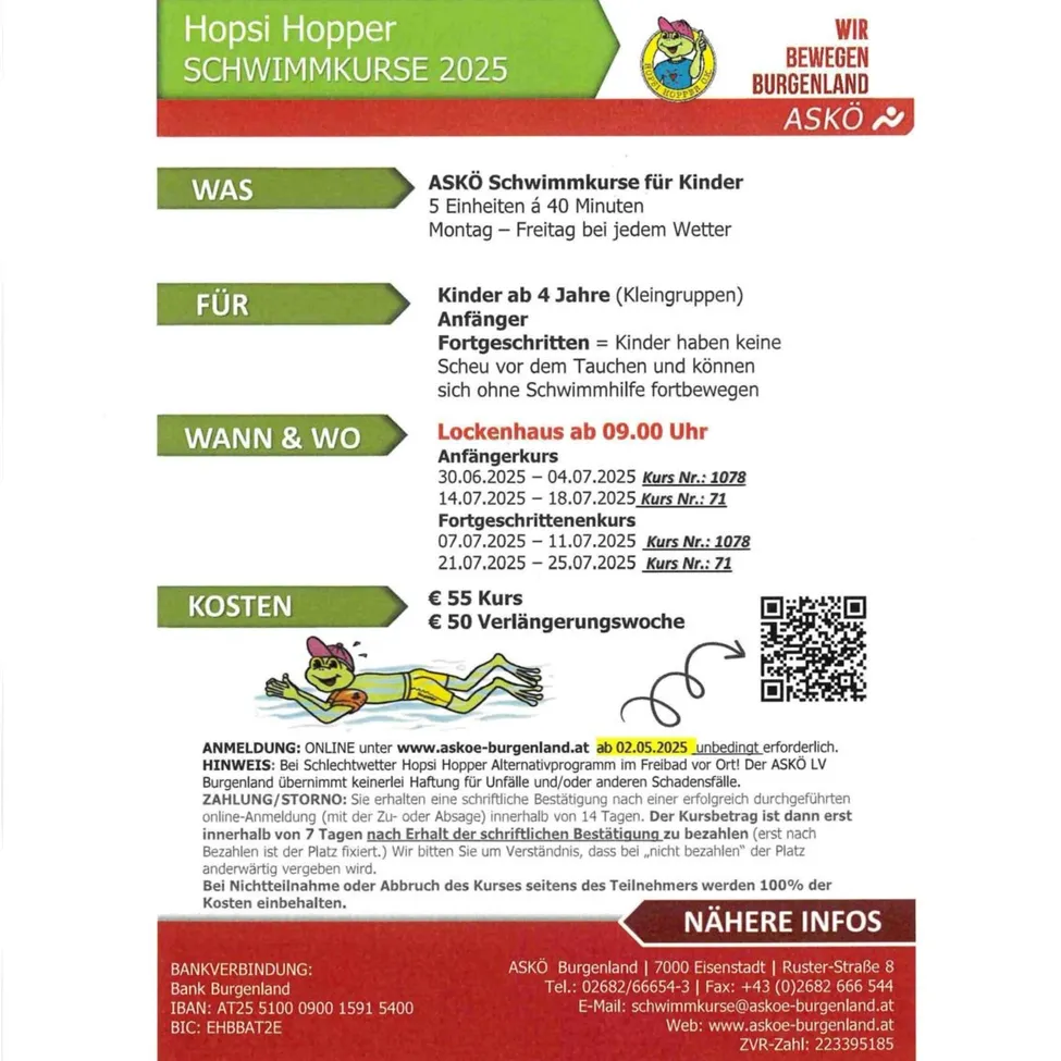 Flyer für den Hopsi Hopper Schwimmkurs für Kinder. Details umfassen: Kursstartdaten, Schließzeiten, Kosten und Stornierungsbedingungen. Die Anmeldung muss bis zum 2. Mai 2025 online erfolgen. Bankdaten und Kontaktdaten für ASKO Burgenland sind angegeben.