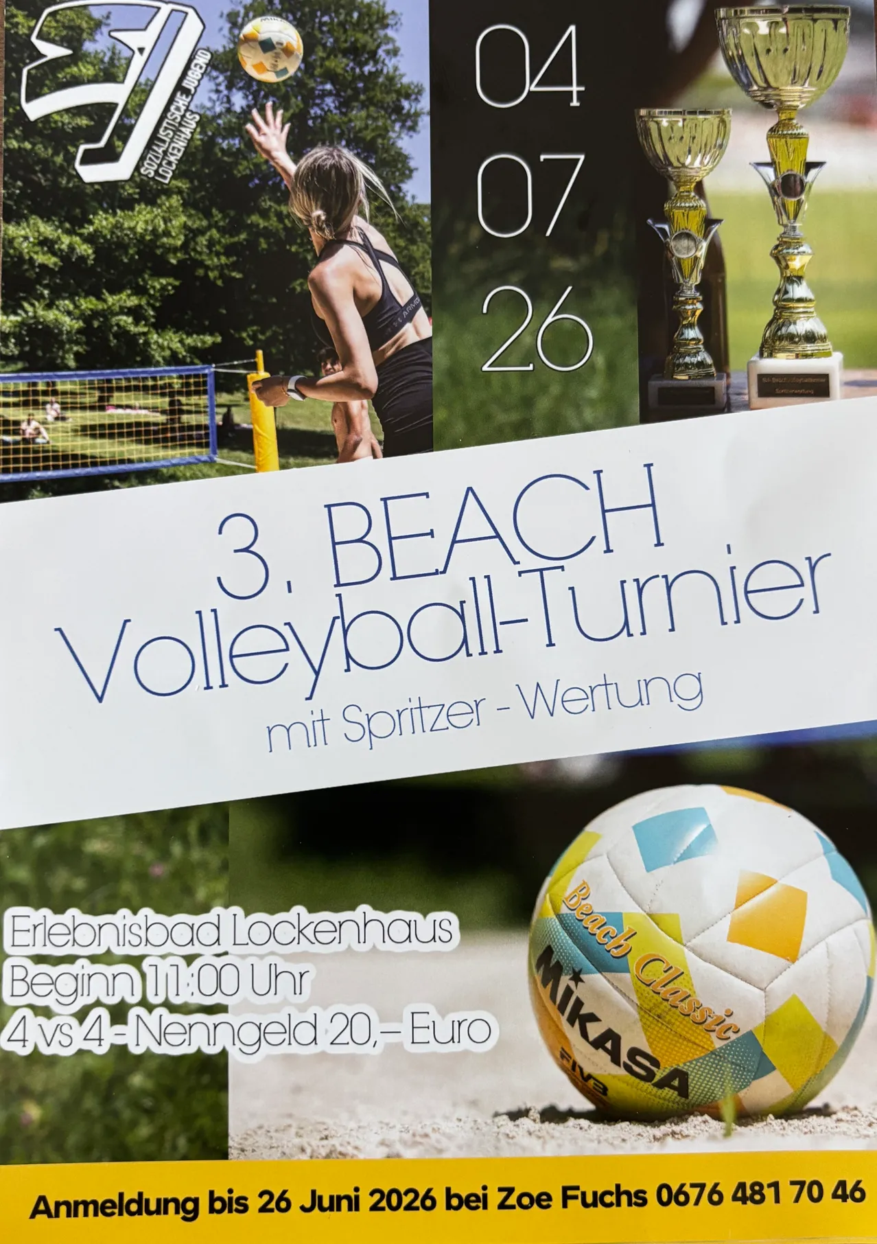 Strandvolleyball-Turnier mit Wasserpistole. Beginn um 11:00 Uhr. 4 gegen 4. Eintrittspreis 20 Euro.