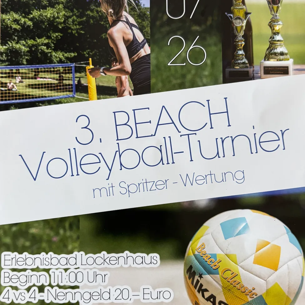 Strandvolleyball-Turnier mit Wasserpistole. Beginn um 11:00 Uhr. 4 gegen 4. Eintrittspreis 20 Euro.