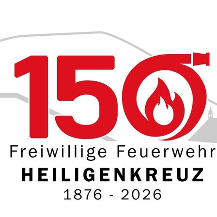 Logo der Freiwilligen Feuerwehr Heiligenkreuz, die 150 Jahre feiert, von 1876 bis 2026. Es zeigt eine rote Flamme mit einer Gebäudesilhouette.