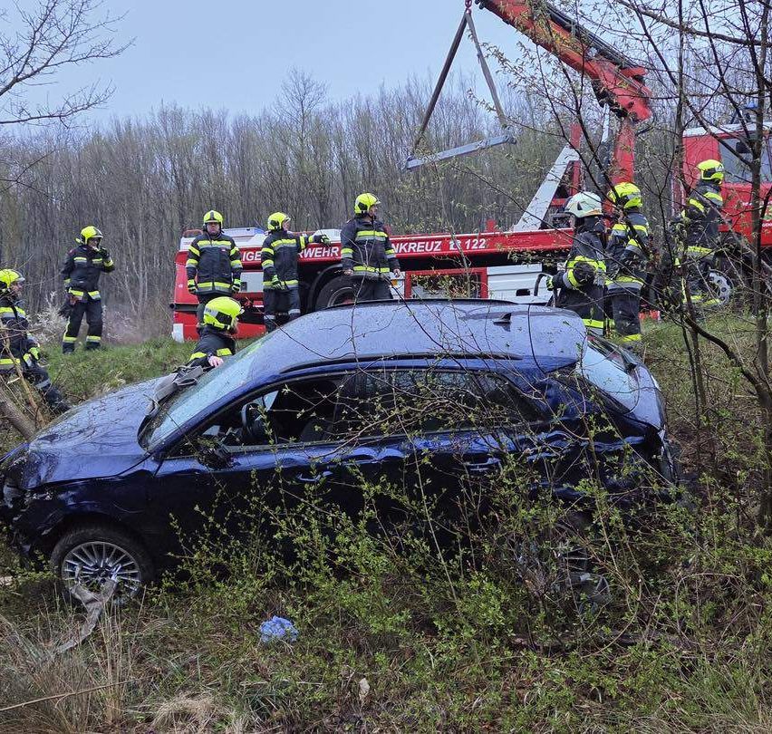 Ein blaues Auto ist in den Büschen kaputt, mit Feuerwehrleuten und einem Kran in der Nähe, wahrscheinlich an einer Rettungsaktion beteiligt.