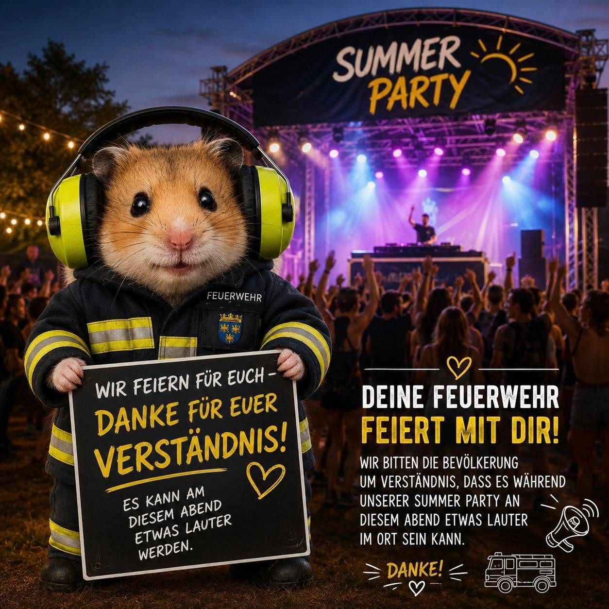 Ein Hamster, der als Feuerwehrmann gekleidet ist, hält ein Schild bei einer Sommerparty, mit einem DJ im Hintergrund und einer Menge, die die Veranstaltung genießt.