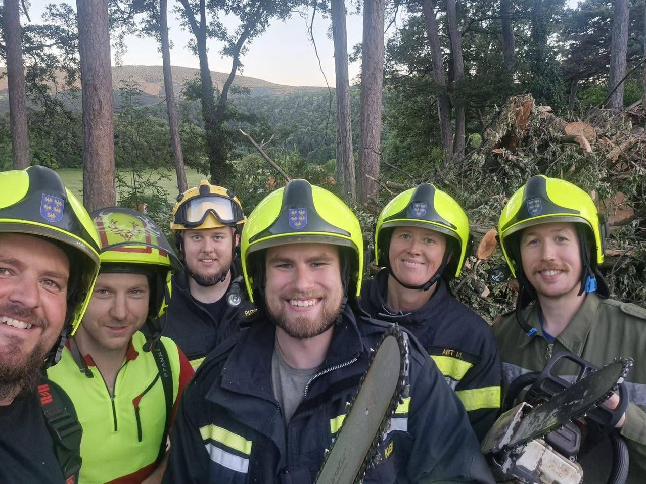 A group of firefighters in protective gear poses for a photo in a forest with trees and mountains in the background. They are holding chainsaws.