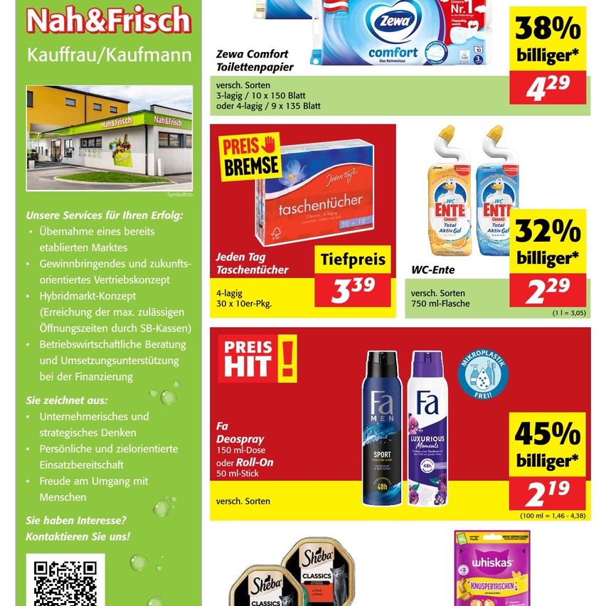 Eine Werbung für Nah&Frisch, die eine Vielzahl von Produkten wie Toilettenpapier, Handdesinfektionsmittel und Deodorant mit Rabatten und Aktionspreisen präsentiert. Die Anzeige zeigt ein Bild des Geschäfts und hebt Dienstleistungen wie Marktübernahmen und strategisches Marktdenken hervor.