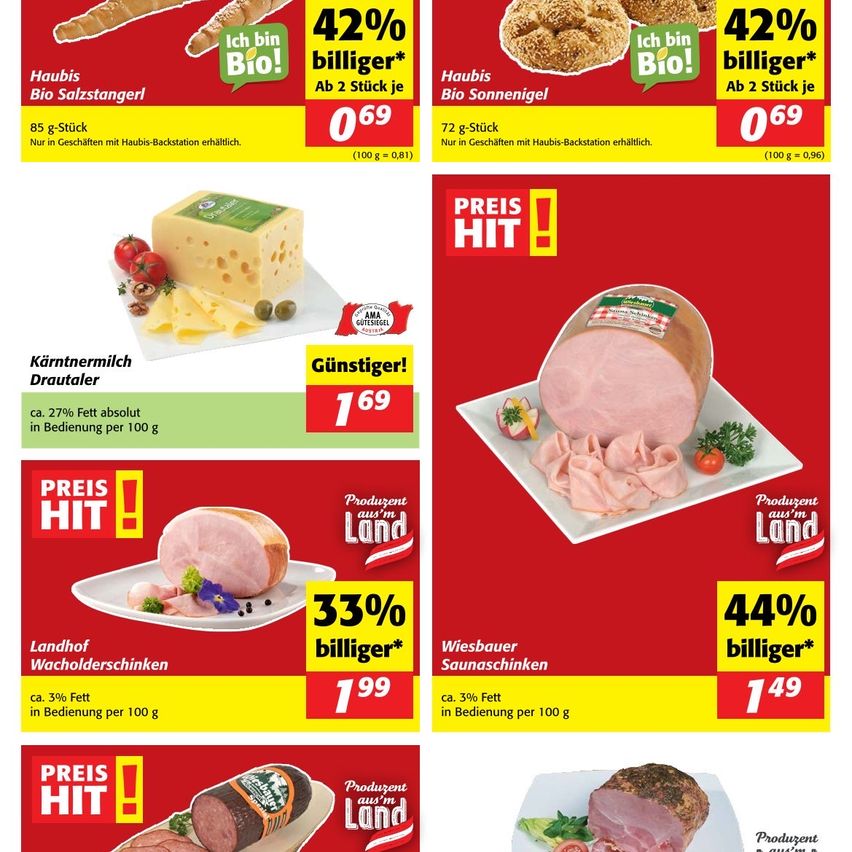Werbeaktionen für verschiedene Produkte. Bio Salzstangen, Bio Sonneneigel, Karntnermilch Drautaler, Landhof Wacholderschinken, Wiesbauer Saunaschchinken und weitere Produkte sind zu reduzierten Preisen erhältlich. Kaufen Sie zwei zum günstigeren Preis.