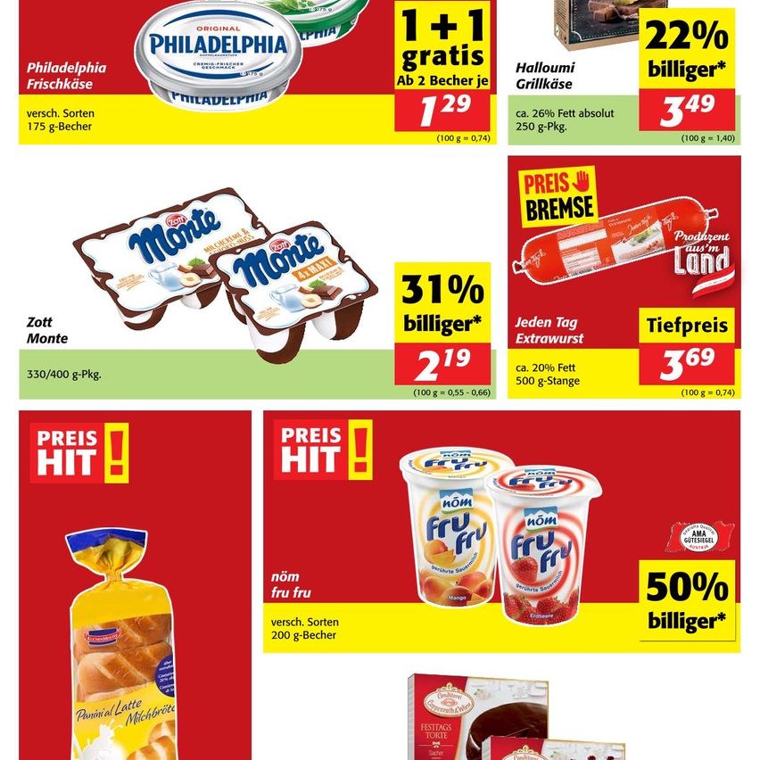 Das Werbebild zeigt verschiedene Produkte, darunter Philadelphia-Frischkäse, Monte-Eiscreme, Bremse-Wurst und Fru Fru-Joghurt. Angebote umfassen 'Kaufe einen, erhalte einen gratis' auf Philadelphia, 31% Rabatt auf Monte und 50% Rabatt auf Fru Fru-Joghurt.