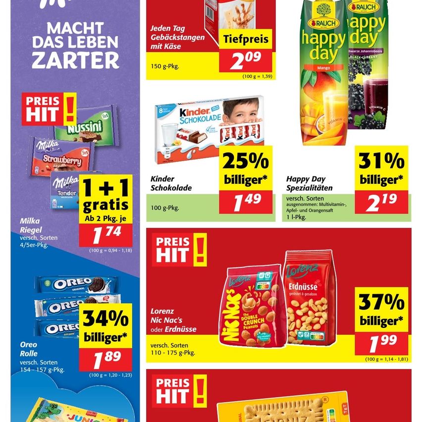 Werbeanzeige für verschiedene Snackprodukte. Angebote umfassen Kinder Schokolade, Oreo Kekse, Milka Riegel und Happy Day Getränke. Werbeaktionen heben Rabatte und Kauf-eins-krieg-eins-Frei-Angebote hervor.