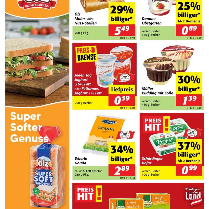 Werbeflyer mit Brot, Joghurt, Pudding, Käse und anderen Produkten mit erheblichen Rabatten und Kalorienangaben. Die Artikel umfassen Mandel- oder Nussfüllungen, fettarmer Joghurt, Pudding mit Sorbet, fettreduzierter Gouda-Käse und weiches Sandwichbrot.