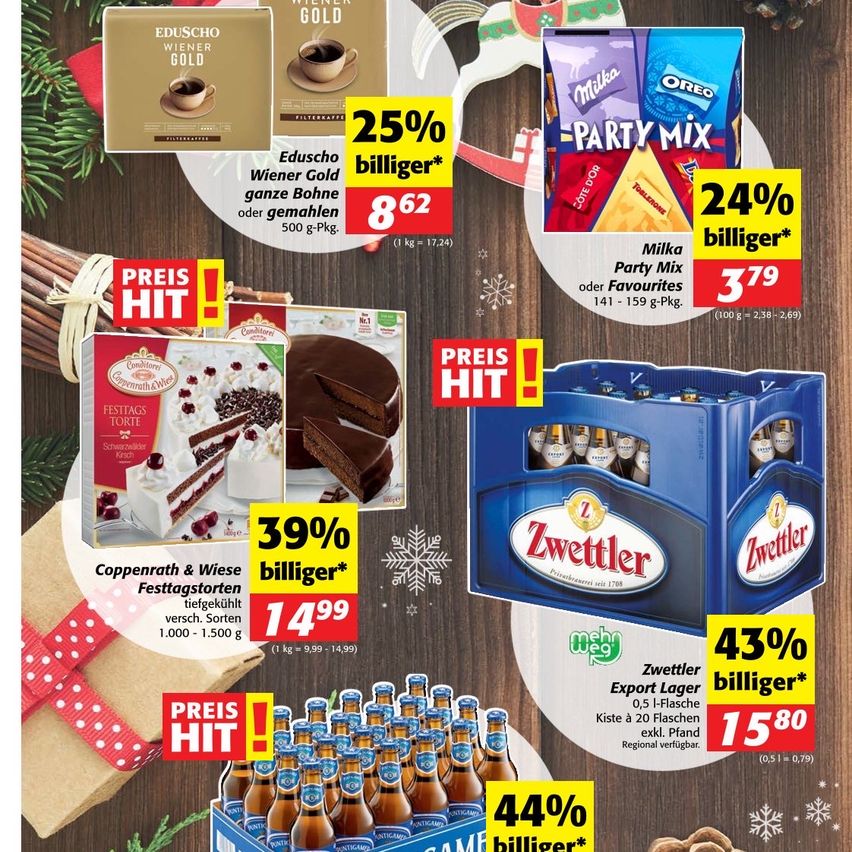 Werbung mit Rabattangeboten für Kaffee, Schokolade und Bier. Rabatte reichen von 25% bis 44%. Angebote umfassen 'Wiener Gold' Kaffee, 'Festtagstorten' Schokoladentorte und 'Zwettler' Bier. Preise sind für bestimmte Mengen angegeben.