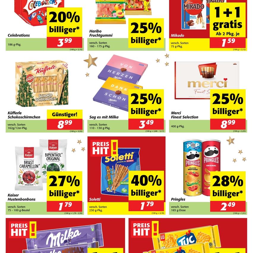 Ein Werbeflyer zeigt verschiedene reduzierte Produkte. Links sind Celebrations-Schokoladen um 20% günstiger. In der Mitte sind Haribo-Gummibonbons um 25% günstiger. Rechts bietet Mikado-Schokolade 1+1 gratis. Andere Produkte umfassen Schoko-Schirmpchen, Soletti, Merci Selection, Kaiser Hustenbonbons und Pringles.
