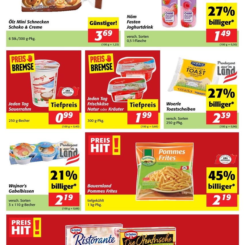 Rabattflyer mit Joghurt, saurer Sahne, Toaststreifen und Nudeln. Jeder Artikel hat einen Preis, einen Rabattprozentsatz und das Gewicht des Produkts. Joghurt kostet 3,69, saure Sahne 0,99, Toaststreifen 1,99 und Nudeln 2,19. Alle Preise sind pro 100 g.