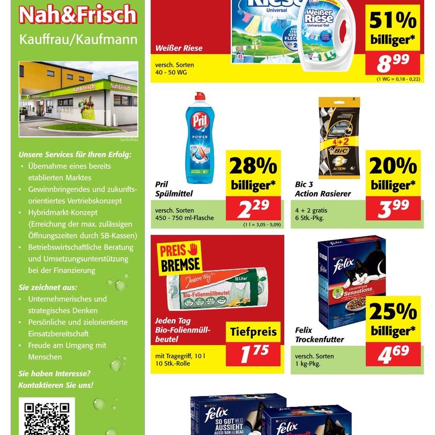 Werbung für den Nah&Frisch-Markt mit Aktionsangeboten. Es zeigt Produkte wie Waschflüssigkeit, Spülmittel und Katzenfutter. Es hebt Rabatte, Sonderangebote und Dienstleistungen hervor. Kontaktinformationen sind ebenfalls angegeben.