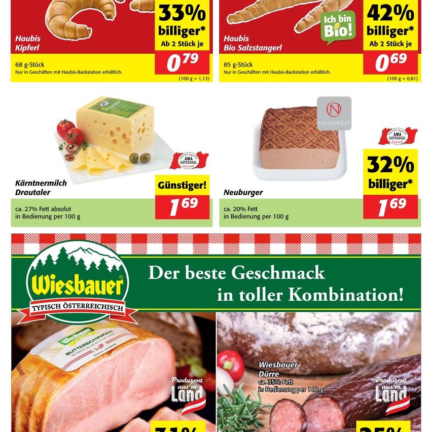 A flyer displays deals on bakery items and meats. There are two types of bread with discounts and fat content. The bottom section features a brand of meat with a percentage of fat and a 'best taste' claim.
