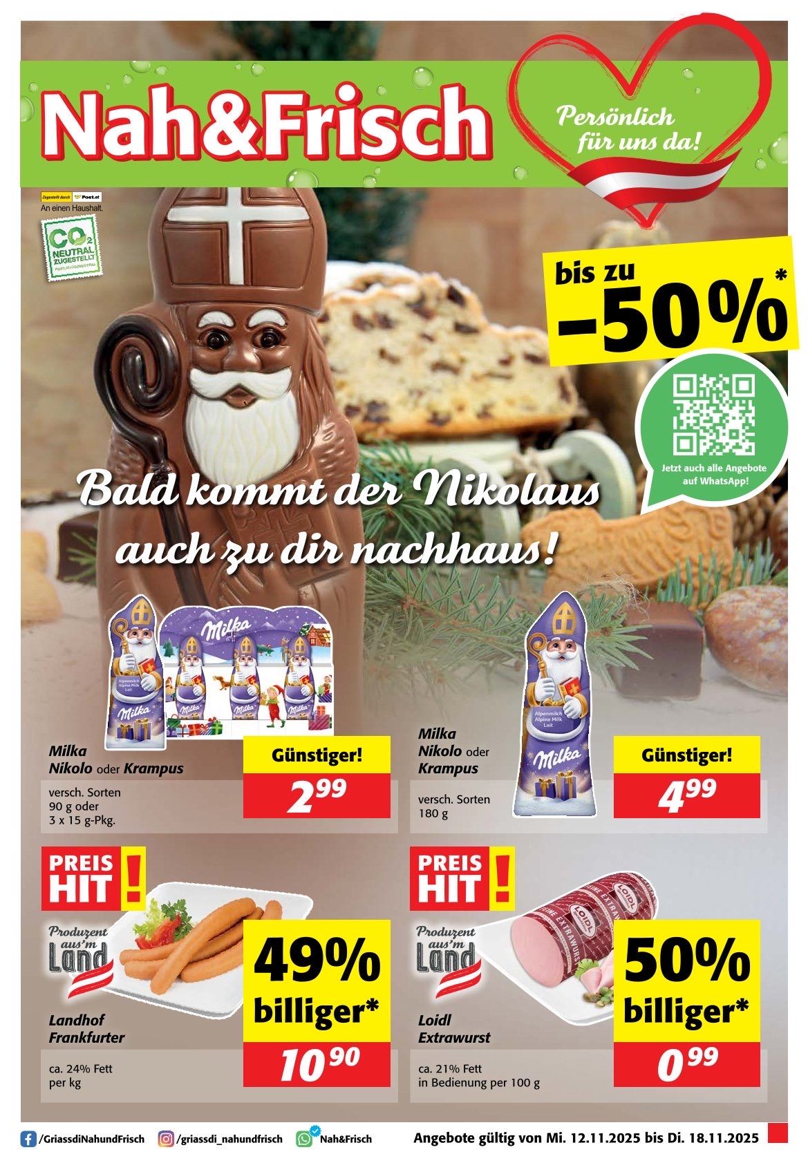 A poster advertising a discount sale on chocolates shaped like Saint Nicholas. The poster shows two chocolates with text indicating a discount. It also features a QR code and mentions a further discount on WhatsApp.