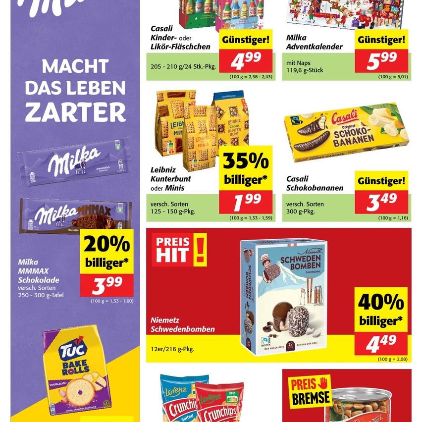 Advertisement for various products with discounts. Products include milka chocolate, cassali liqueur bottles, leibniz kunterbunt or minis, cassali schokobananen, niemetz schwedenbomben, tuc bake rolls, and crunchips. Prices and discounts are highlighted.