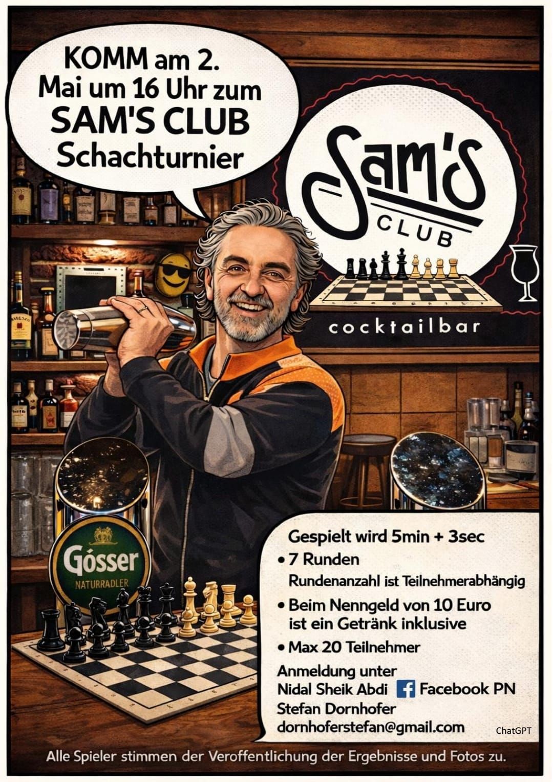 Eine Anzeige für Sam's Club zeigt einen bärtigen Mann mit einem Cocktail-Shaker, der lächelt. Im Hintergrund befinden sich ein Schachbrett, Getränke und Flaschen. Der Text erwähnt 7 Runden, ein Getränk inklusive bei einem Eintrittspreis von 10 Euro und eine maximale Teilnehmerzahl von 20 Personen.