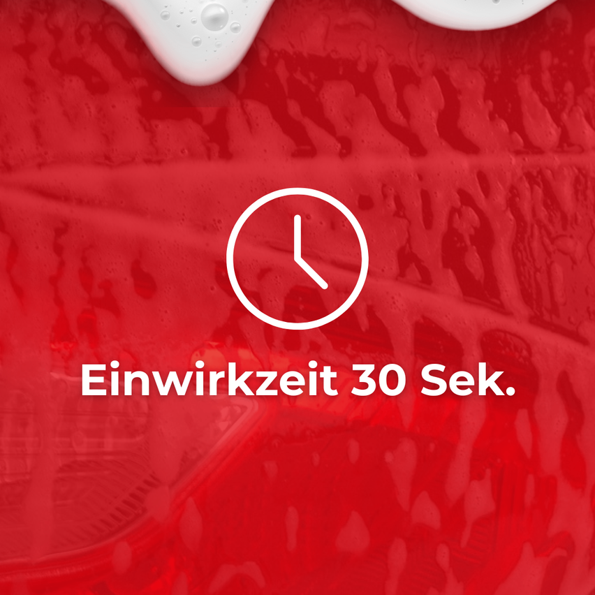 Eine rote Oberfläche mit einer Blase und einem Uhr-Symbol, das eine 30-Sekunden-Wirkzeit anzeigt.