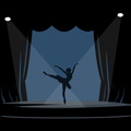Eine Ballerina vollführt einen anmutigen Sprung auf der Bühne unter Scheinwerfern, mit zurückgezogenen Vorhängen.
