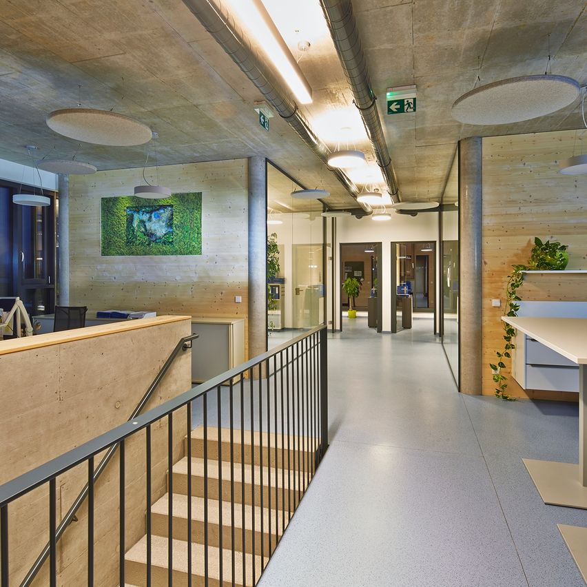 Ein Büroflur mit Holzwänden, einer Metallgeländer und Stufen, die nach oben führen. Es gibt Lampen an der Decke, einen Schreibtisch und Topfpflanzen. Rechts befinden sich zwei Türen.