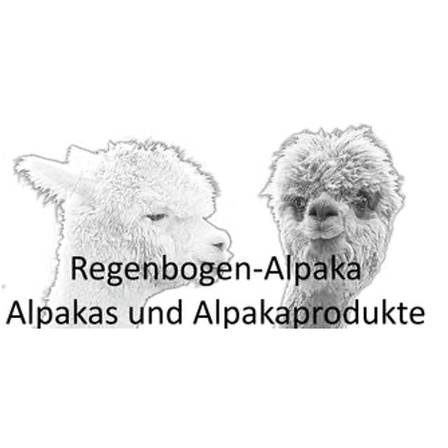 Ein schwarz-weißes Bild mit zwei Alpakas. Die Bildunterschrift lautet 'Regenbogen-Alpaka' und 'Alpakas und Alpakaprodukte'.
