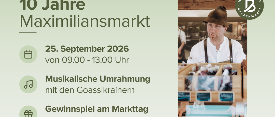 Ein Werbebild für eine Marktveranstaltung im September 2026, mit einem Koch in Hut und Schürze und einem Korb mit Waren im Hintergrund.