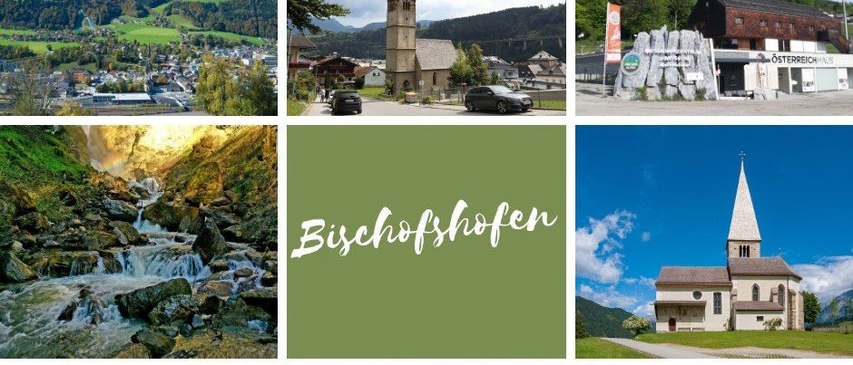 Eine Collage verschiedener malerischer Landschaften von Bischofshofen, Österreich. Zu den Merkmalen gehören ein Dorf, Berge, eine Kirche, ein Wasserfall, ein Skisprung und ein Stadtplatz.
