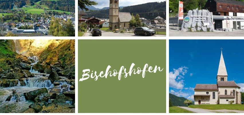 Eine Collage verschiedener malerischer Landschaften von Bischofshofen, Österreich. Zu den Merkmalen gehören ein Dorf, Berge, eine Kirche, ein Wasserfall, ein Skisprung und ein Stadtplatz.