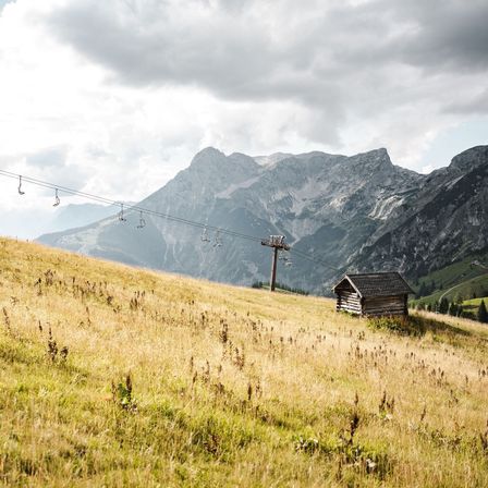 Eine Skiliftbahn verläuft durch einen grasbewachsenen Hügel mit einer kleinen Holzhütte unter einem bewölkten Himmel. Im Vordergrund sind hohes Gras und eine Bergkette im Hintergrund zu sehen.