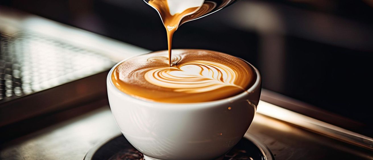 A barista is pouring a latte into a white cup on a saucer with a heart design.