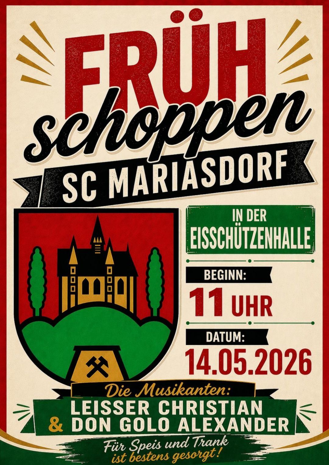 Plakat für eine Fruchtladen-Veranstaltung in Mariasdorf, Beginn um 11 Uhr am 14.05.2026 in der Eisschutzenhalle.