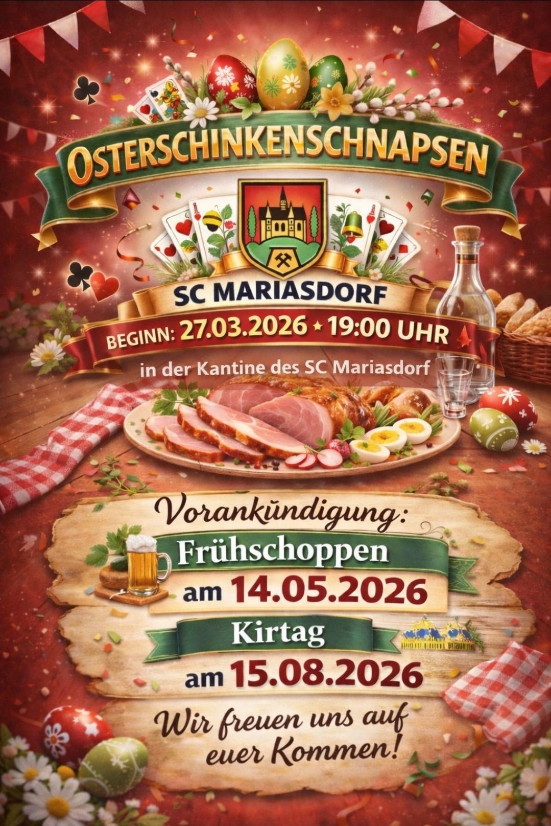 Ein Veranstaltungsplakat für Osterschinkerschnapsen von SC Mariasdorf. Die Veranstaltung beginnt am 27.03.2026 um 19:00 Uhr. Es gibt einen Tisch mit Essen, Getränken und Ostereiern.