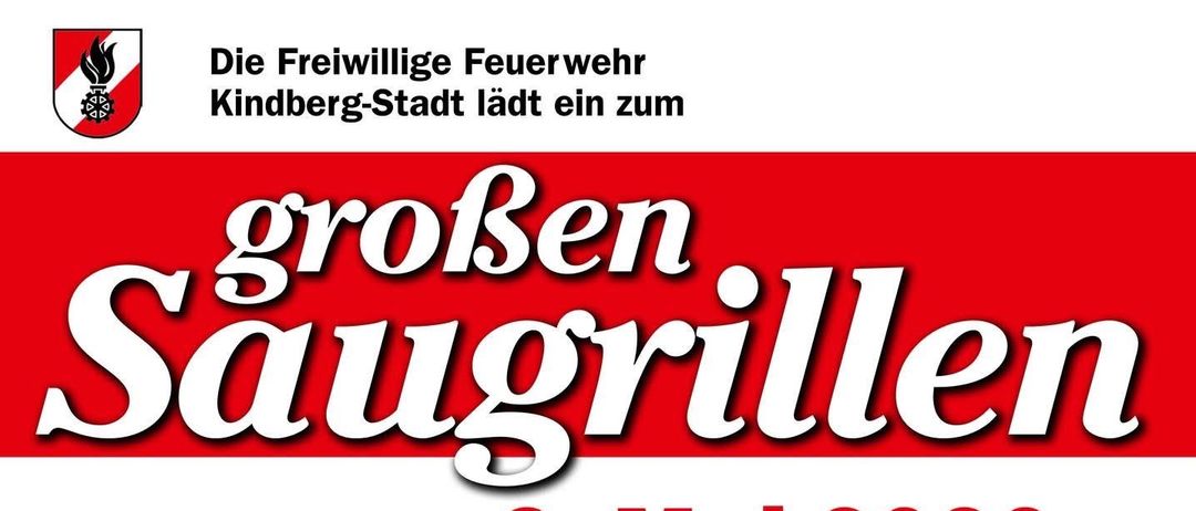 Werbung für ein großes Grillfest am 9. Mai 2026 im FF Kindberg-Stadt. Programm umfasst Mittagessen, Ziegenklettern, 27-Tonnen-LKW-Ziehen und Auftritte von Die Lungauer. Mit Kinderprogramm, Jahrmarkt und Zauberern.