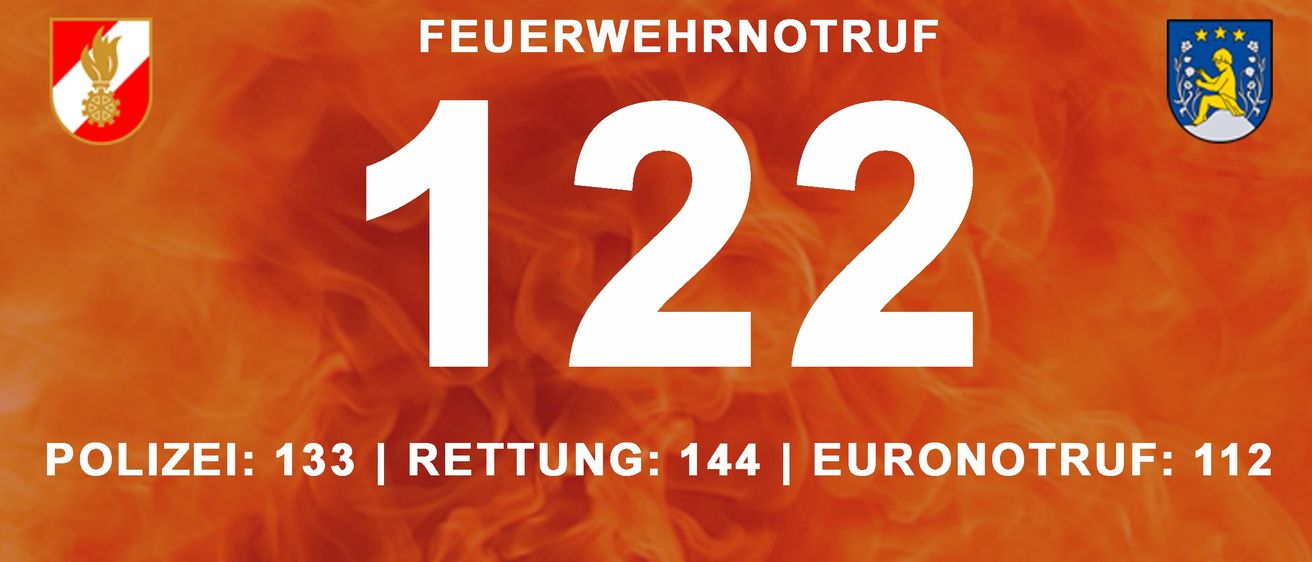 Notrufnummer der Feuerwehr 122, Euro. Rettungsnummer 144. Notfallsymbol auf orangem Hintergrund.